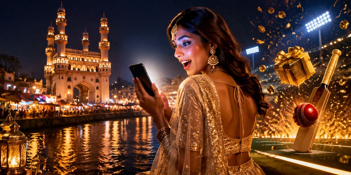 Hyderabad Charminar at night with cricket betting shops